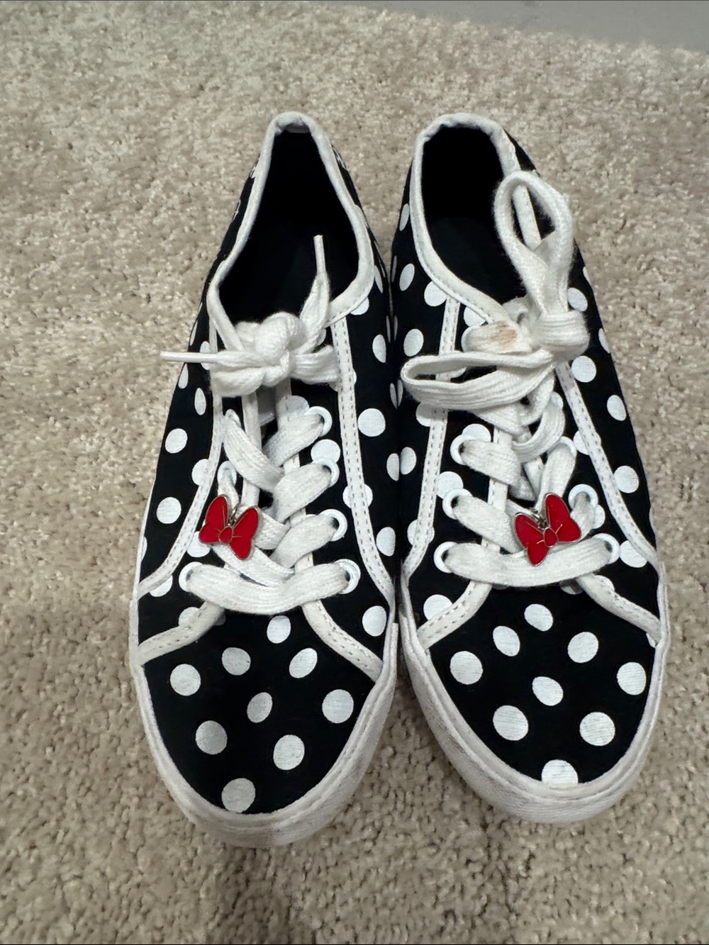 Black & White Polka Dot Sneakers with Red Bow Charm